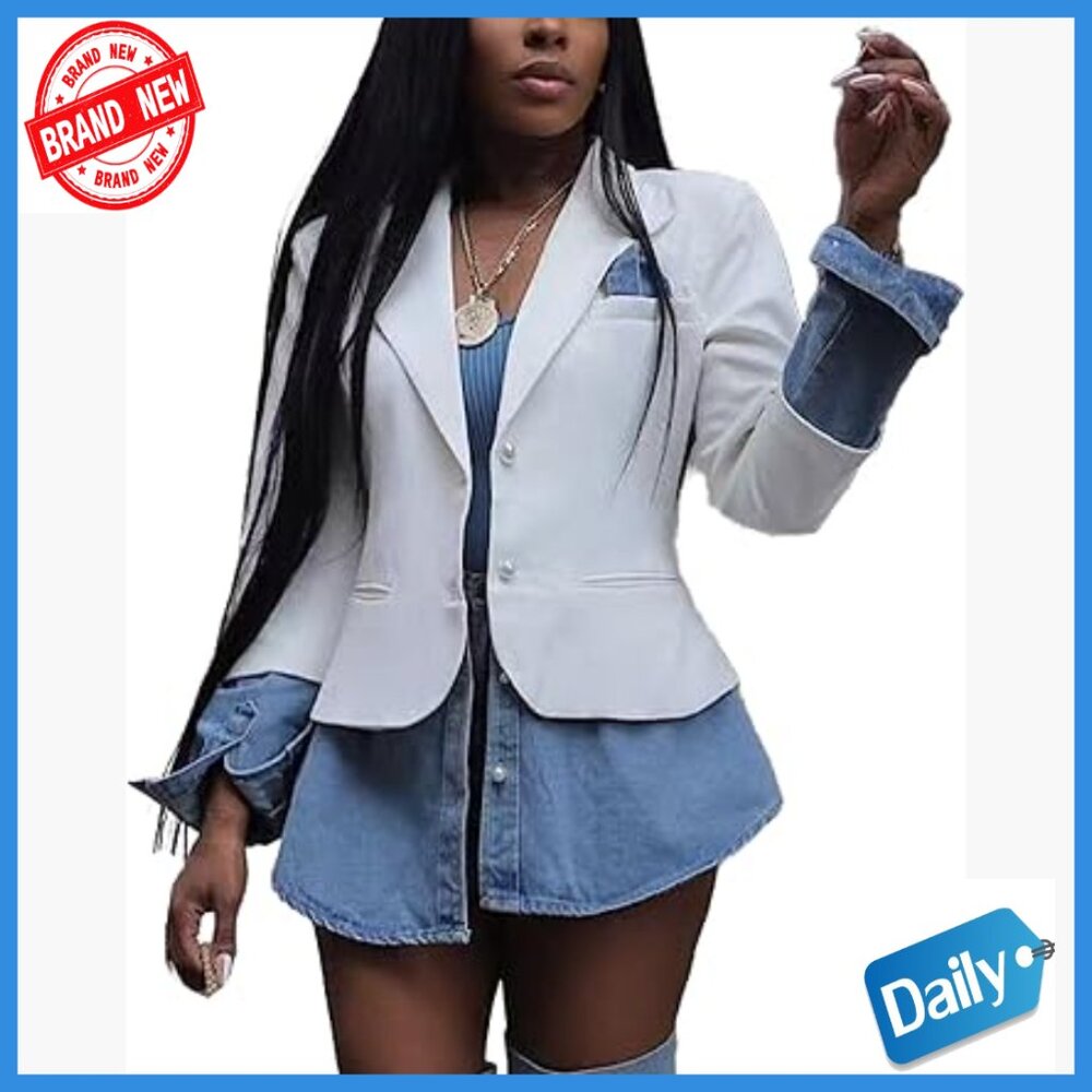 Long Sleeve Denim Patchwork Blazer Jacket Casual … - image 1